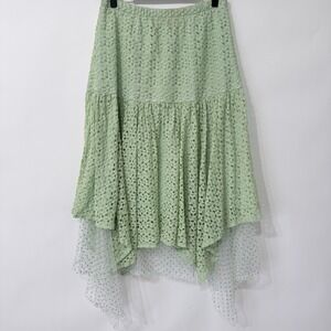 Textured Lace Fairy Handkerchief Skirt‎ Size L Green Mesh Polka Dot Hem Cottage